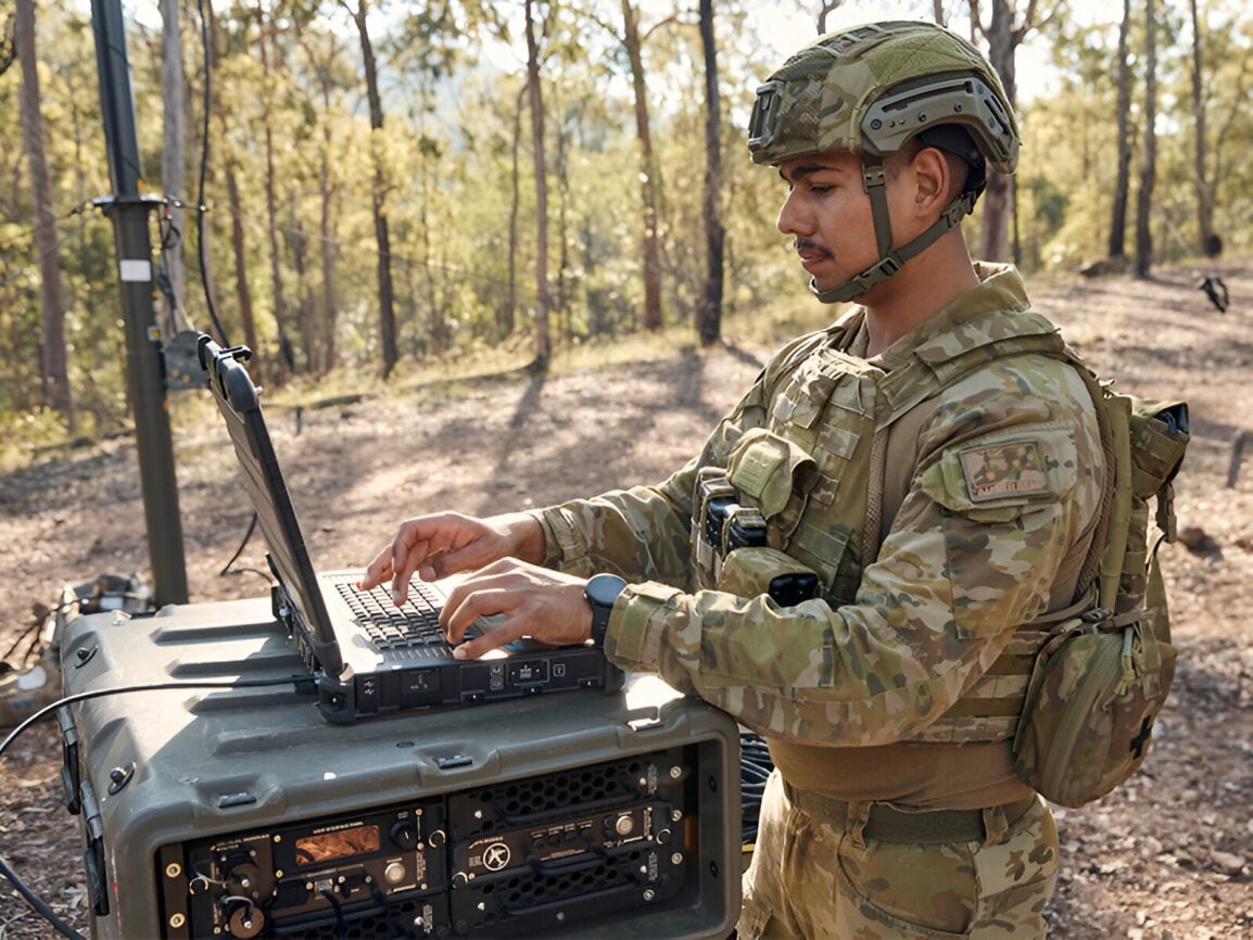 A member of the Army outside on a computer.